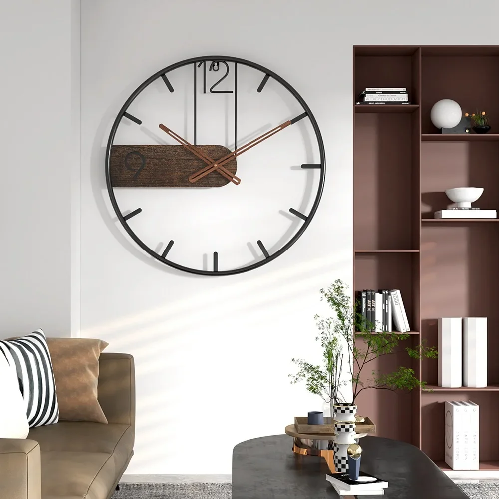 Nordic Metal Iron Wall Clock Big Size 3D Round Large Wall Watch Walnut Pionter Modern Clocks for Home Living Room Decoration