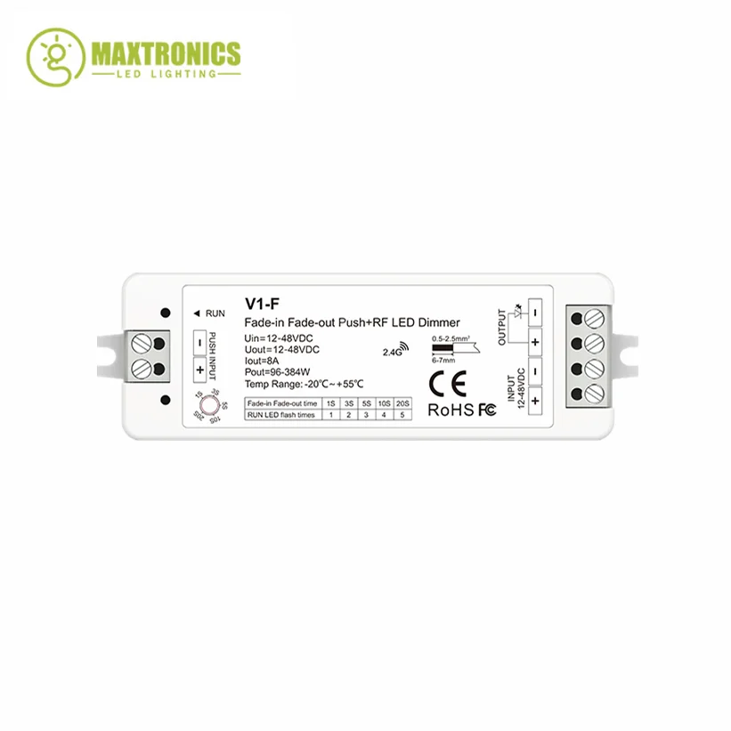 12-48VDC CV Fade-in Fade-out LED Dimmer(Push Dim)V1-F RF 1CH*8A 5Fading Speed/Step-less Dimming For Single Color LED Strip Light