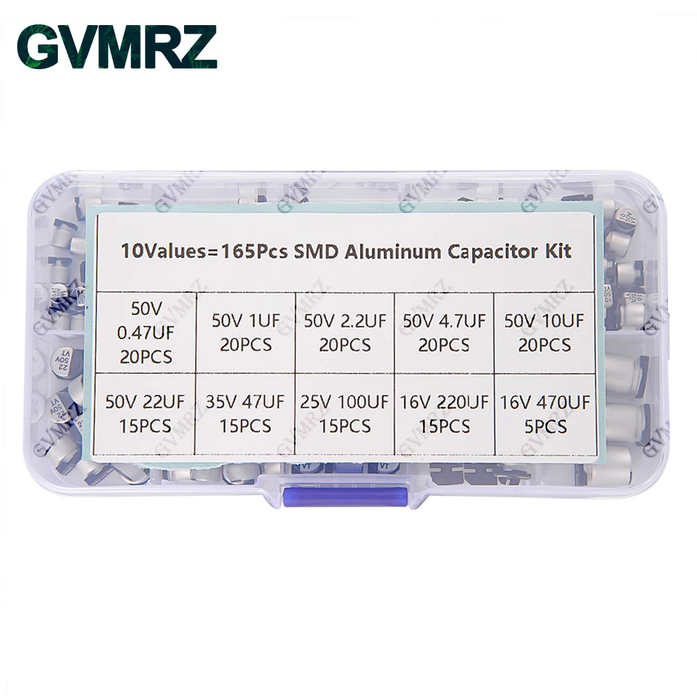 165PCS 10Values SMD Aluminum Electrolytic Capacitor Sample Box - Assorted Kit for Electronics DIY Repair Projects