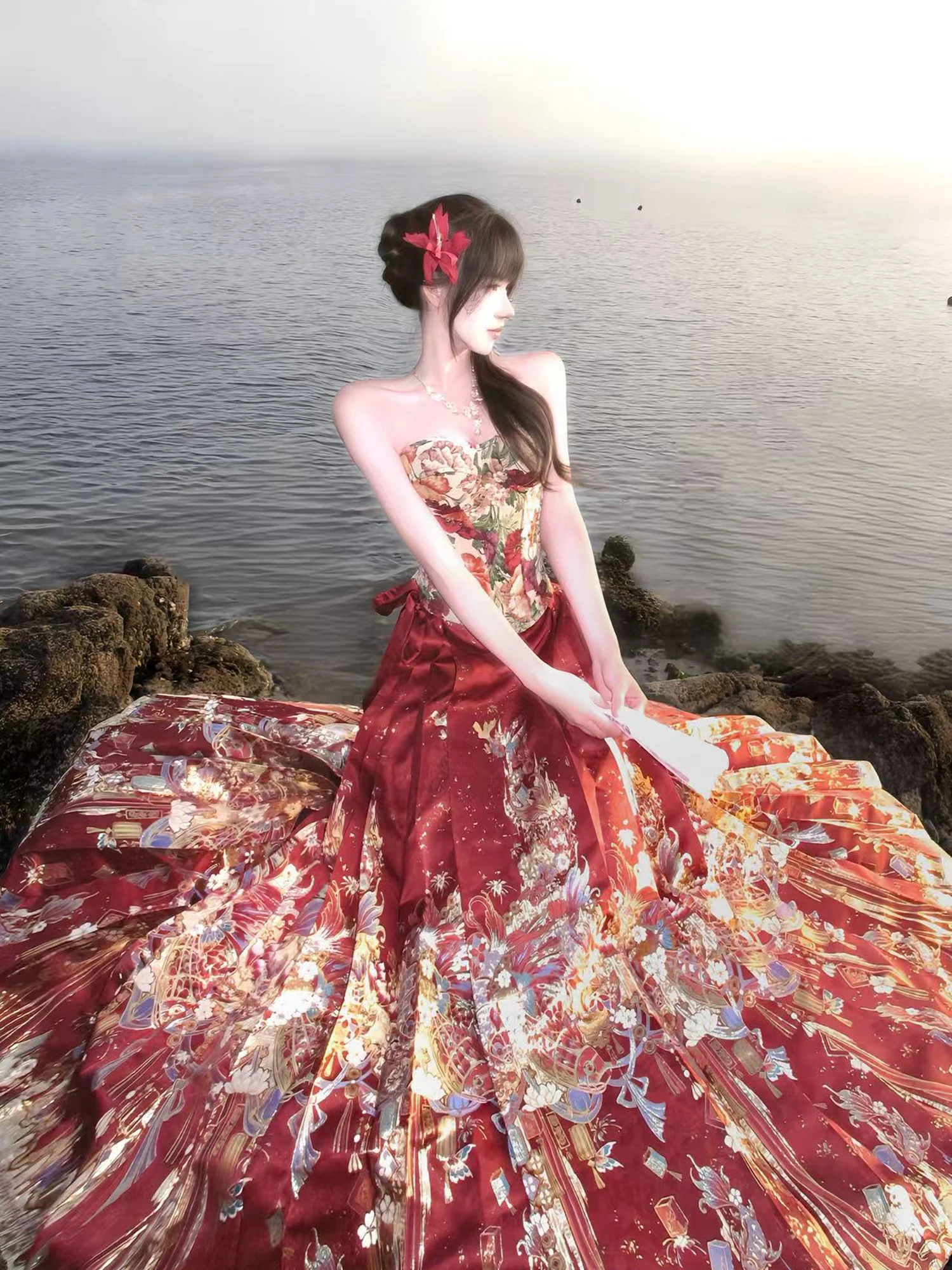 

Original Hanfu Semi-skirt Set Gold Face Skirt Traditional Culture High Waist A-Line Polyester Fiber New 2025