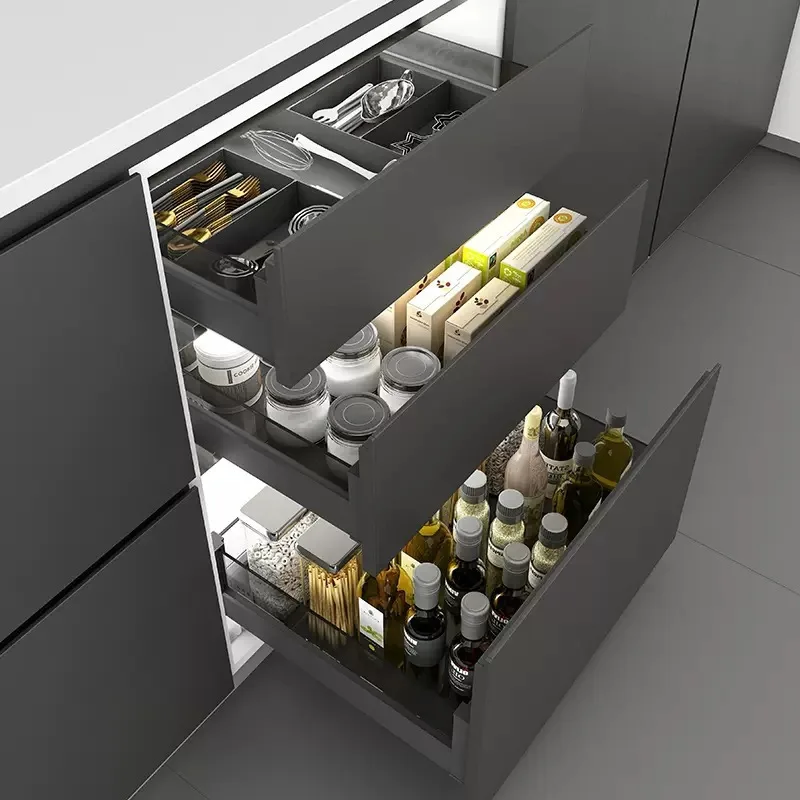 Kitchen cabinets, storage functions, tools, three-layer aluminum alloy basket, pot storage, drawer separation, seasoning