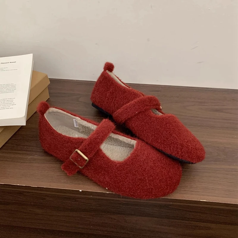 SUOJIALUN 2025 New Brand Women Flat Shoes Fashion Warm Plush Round Toe Mary Jane Shoes Soft Heel Casual Furry Single Shoes