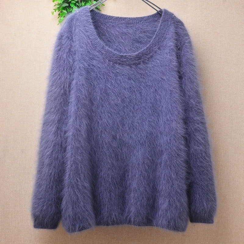 04 Female Women Fall Winter Clothing Hairy Plush Mink Cashmere Knitted O-Neck Long Sleeves Loose Pullover Angora Fur Sweater Top