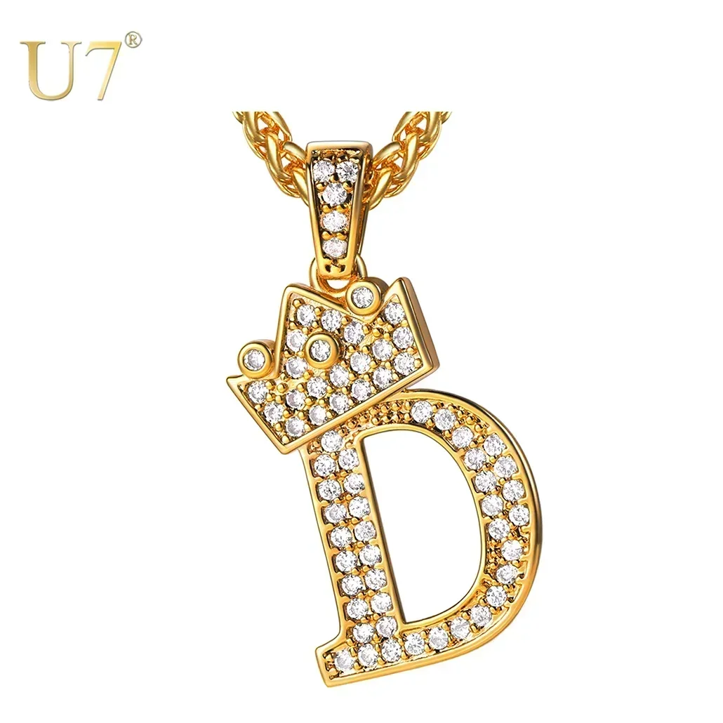 

U7 Bling Crowned Initial Necklace Statement Women Letter Pendant Cubic Zirconia CZ Alphabet Name Fashion Party Wedding Jewelry