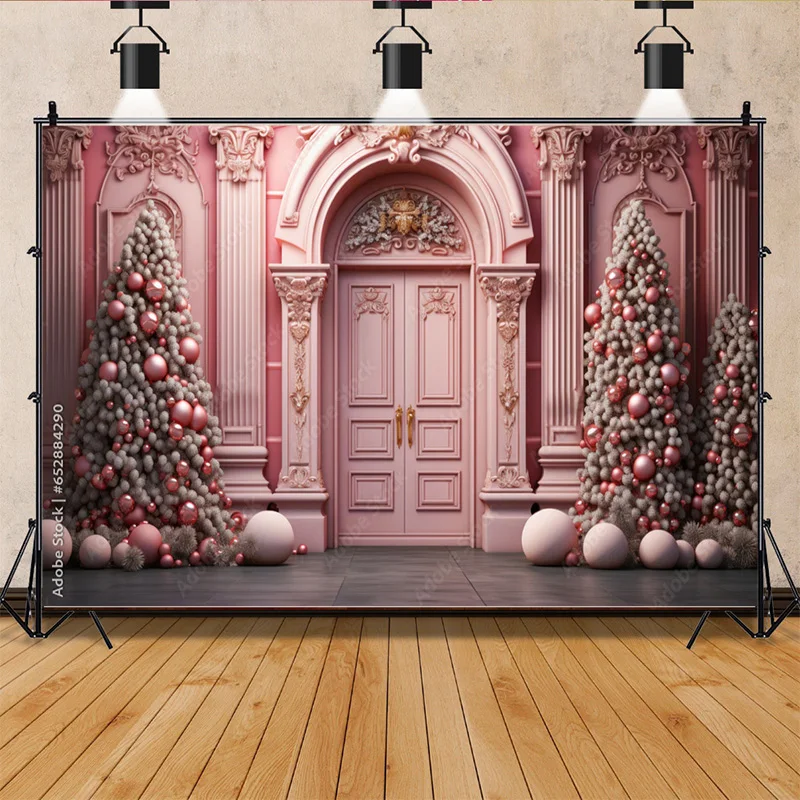 

Traditional Christmas Background Decorations And Garland Arch Pink Balls Winter Snowy Outdoor Photography Backdrops Props SZ-82