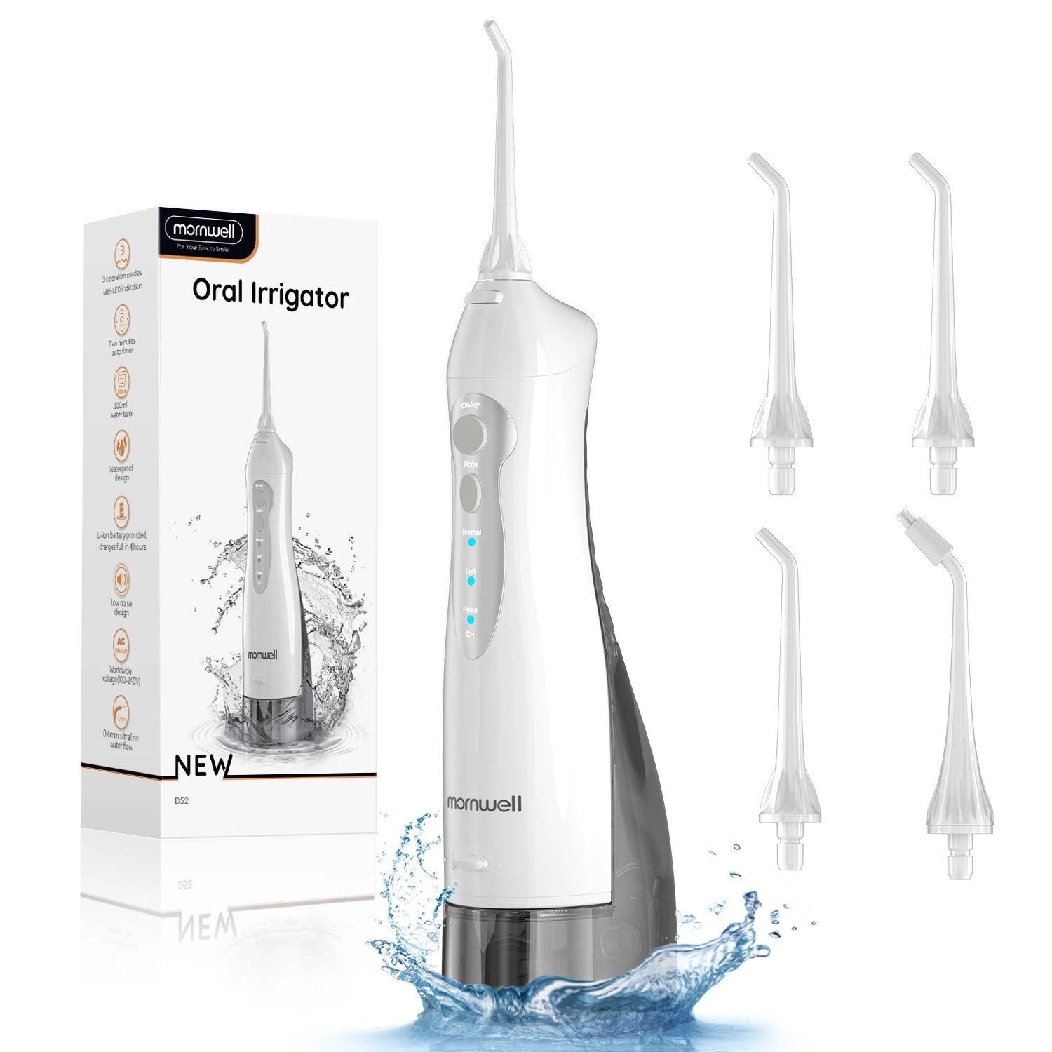 Mornwell D52 USB Ricaricabile Acqua Flosser Irrigatore Orale Portatile Dentale Getto D'acqua 300ML Serbatoio di Acqua Impermeabile Detergente per Denti