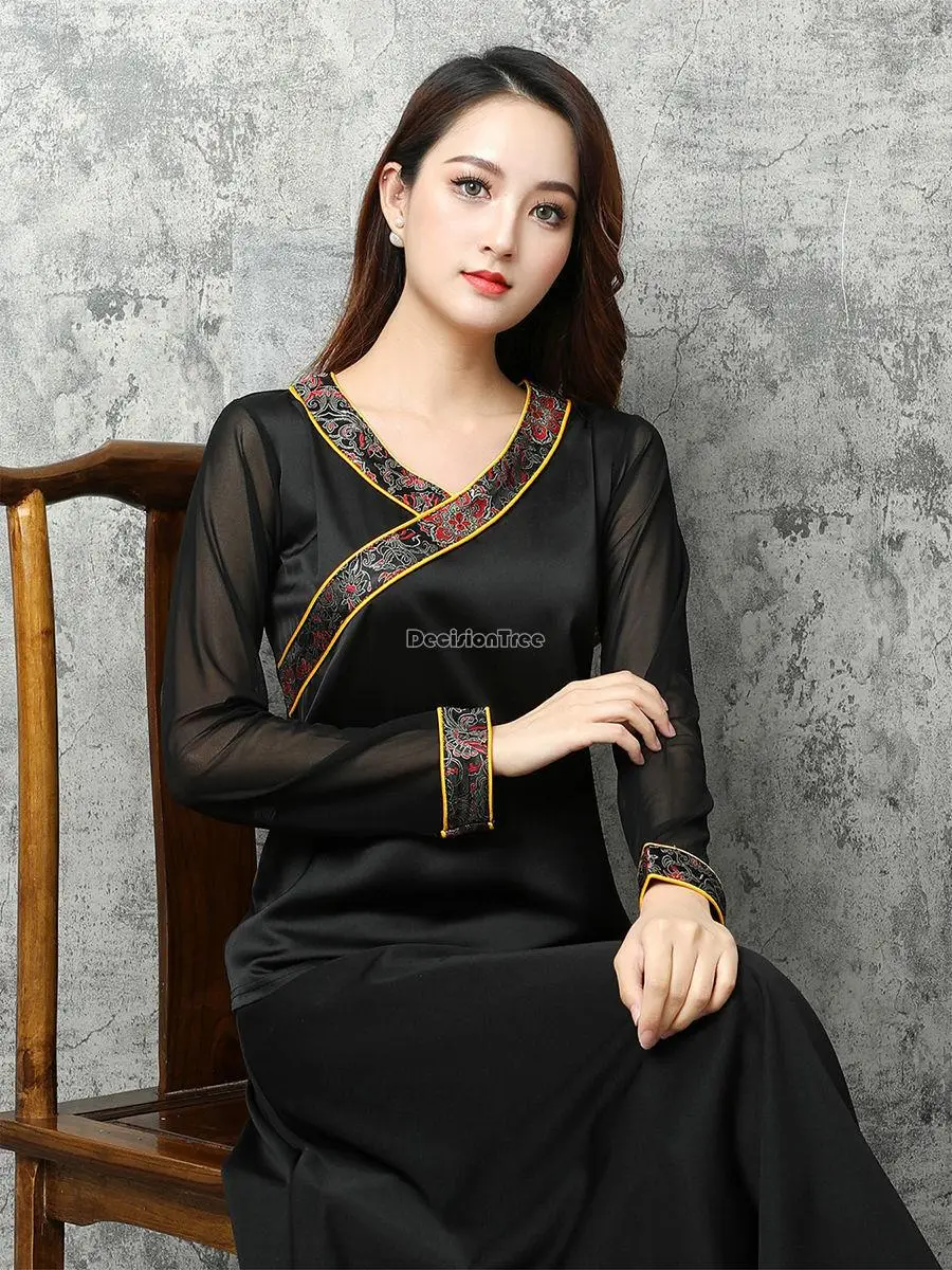 2023 new chinese national style improved tibetan top spring summer elegant tibetan element clothing v-neck women daily blouse