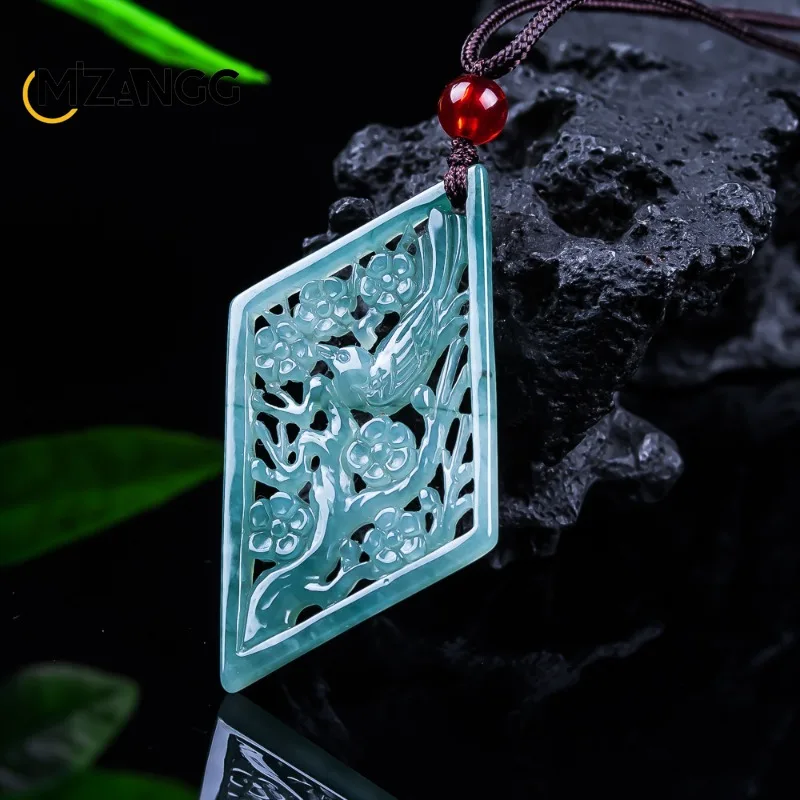 Natural Jadeite Blue Water Joy on The Brow Pendant Exquisite Double-Sided Openwork Jade Necklace for Ladies Perfect Holiday Gift
