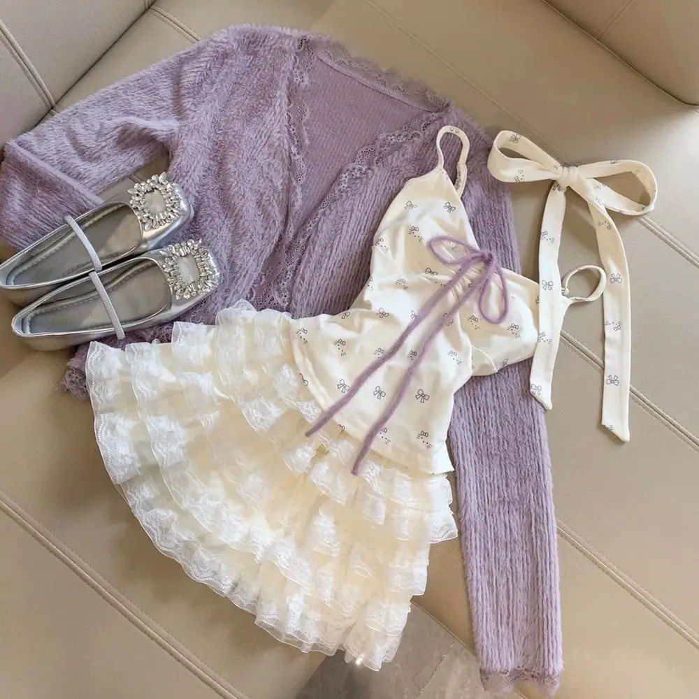 

Осенний модный милый комплект из трех предметов, однотонный короткий кардиган с принтом, жилет, японская юбка-тортик Y2k, костюм в корейском стиле для девочек