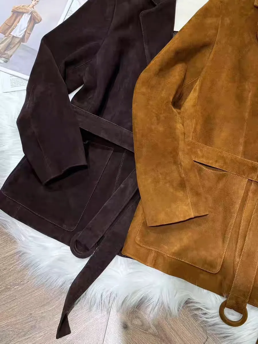 Giacca in pelle scamosciata per bambini retrò di fascia alta per donna Cappotto lungo monopetto con collo quadrato e cinturino Capispalla femminile al cioccolato