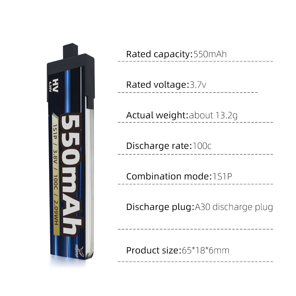 5PCS HGLRC 550mAh 1S 3.8V 100C Battery With A30 Plug Compatible with Drashark for RC FPV Racing Drone