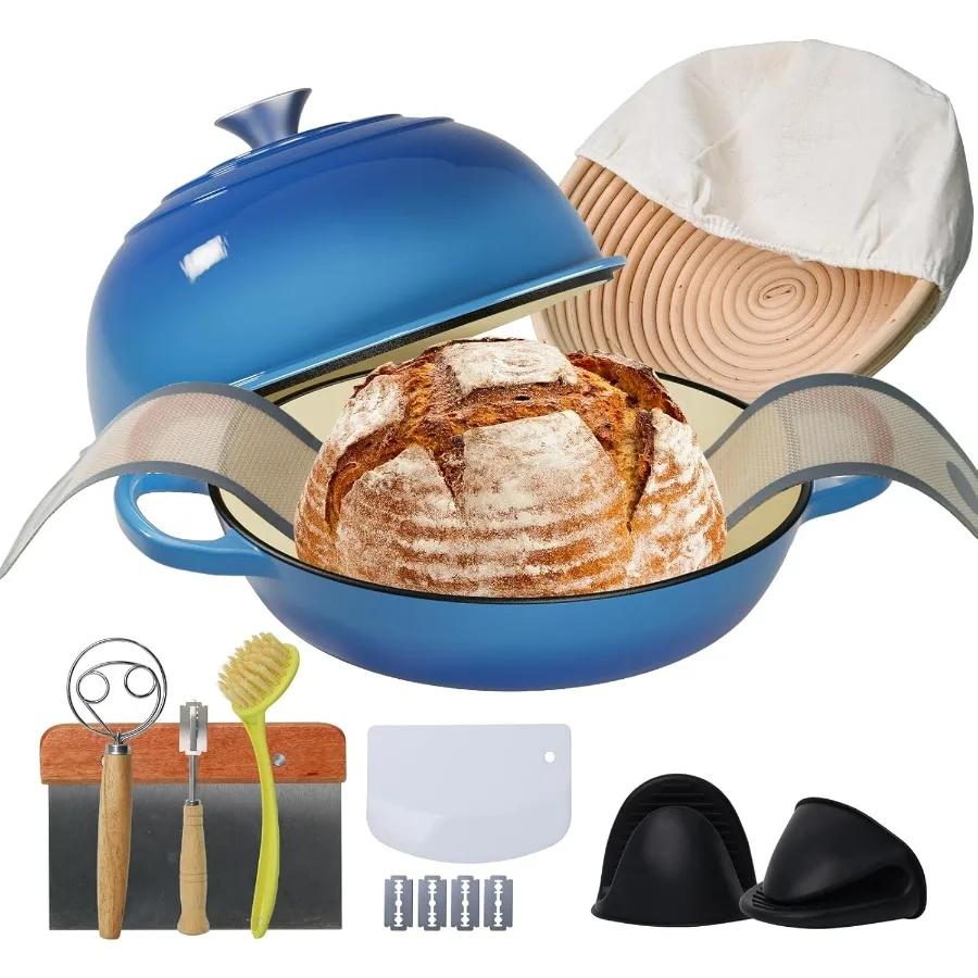 Cast Iron Bread Oven for Baking, 6QT Multi-Functional Dutch Oven Pot with Lid, Include Proofing Basket, Silicone Sling & Dough W