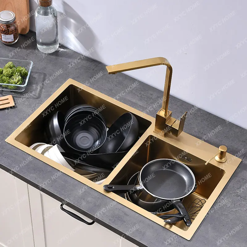 

Sink Above Counter or Undermount 304 Stainless Steel double Bowl Goldn Basket Drainer Soap Dispenser Washing Basin