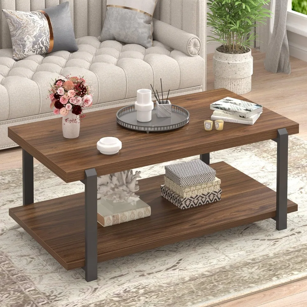 Modern coffee table with storage shelves, industrial metal and wood living room table for bedroom office