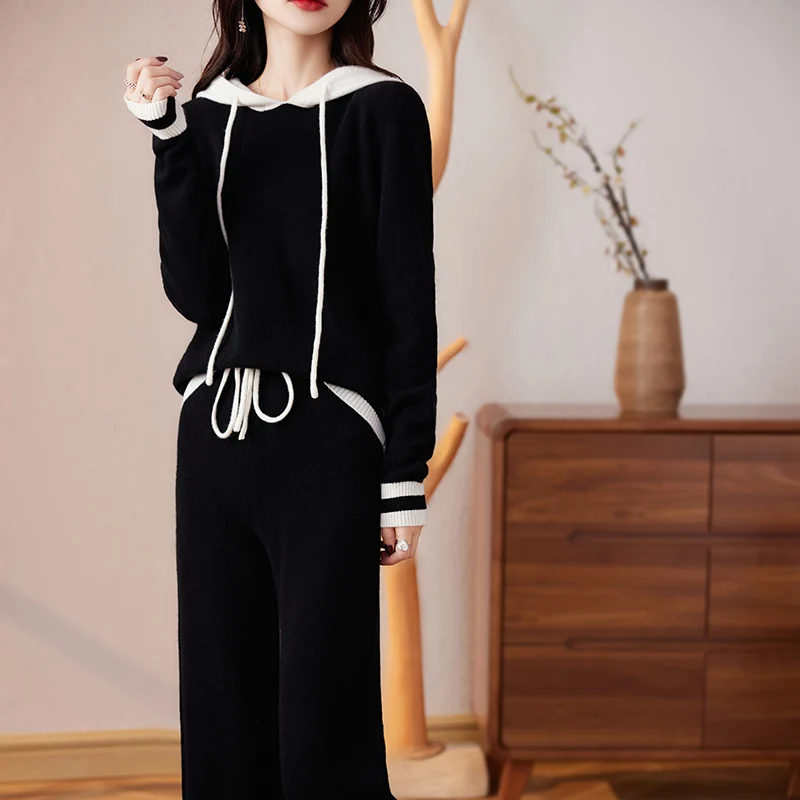 

100% Merino Wool Fashion Woolen Trousers Suit Hooded Sweater Pullover Solid Color Long Sleeves Soft Fashion Leisure Clothes
