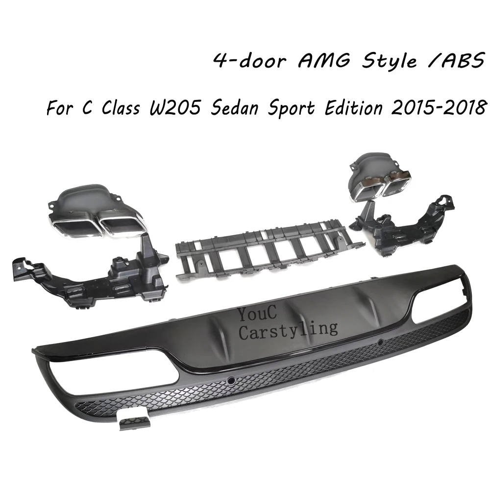 W205 AMG Style Rear Diffuser With 304 Stainless Steel 4-outlet Exhaust  For Mercedes C W205 4-Door Sport Sedan 2015-2018