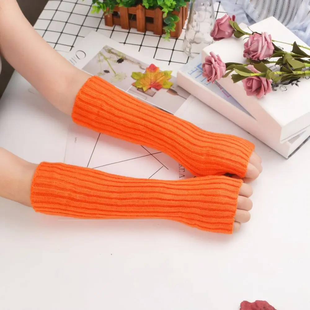 Women Fashion Knitted Arm Warmers Fluorescent Color Long Sleeve Gloves Winter Soft Elastic Trendy Street Style - view 4