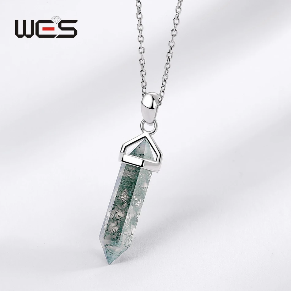 قلادة بدلاية من الفضة الإسترليني للنساء ، حجر طبيعي ، عقيق طحلب ، منشور سداسي الشكل ، هدايا حفلات ، بيع بالجملة #2