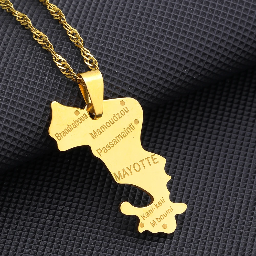 French Mayotte Island Map Pendant Necklace Stainless Steel Men Women Ethnic Maps Jewelry Gift