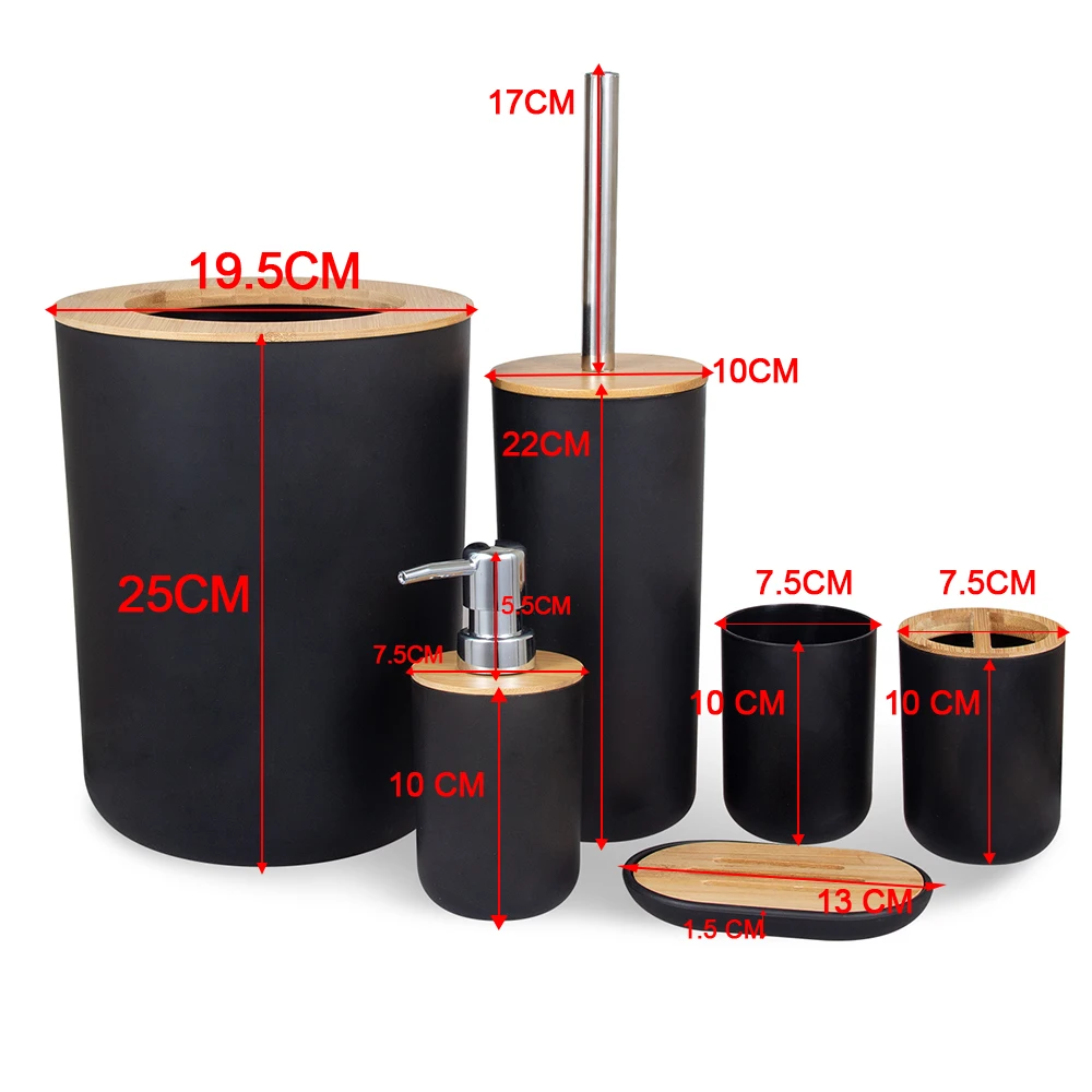변기 대나무 플라스틱 욕실 보관 세트, 비누 디펜서 상자, 로션 병, 쓰레기통, 칫솔 컵 거치대, 6 개/세트