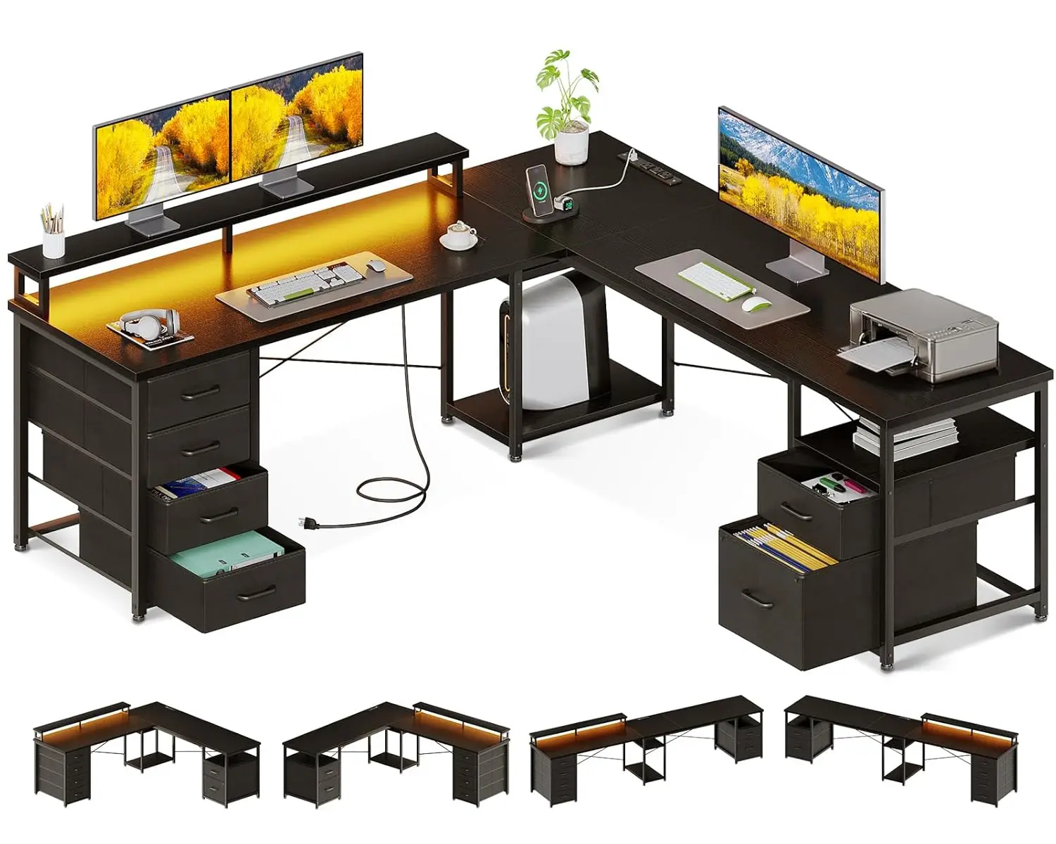 

66" L Shaped Computer Desk, 113“ Reversible Home Office Desk with File Cabinet & 4 Fabric Drawers, Two Person Desk with LED Ligh