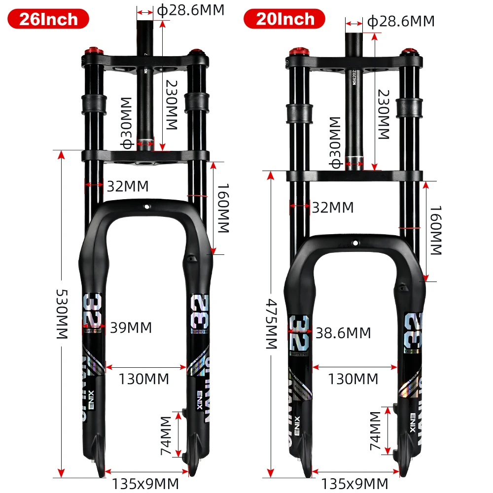 Nanlio E-bike Bike Air Supension Fork Double Shoulder Snow Front Fork 20*4.0inch / 26*4.0 inch MTB Fork 135x9mm Travel Air Fork