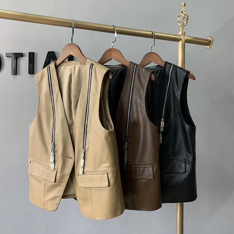 Gilet en cuir pour femmes, gilet court décontracté, avec un bouton, émail à fermeture éclair, collection printemps et automne