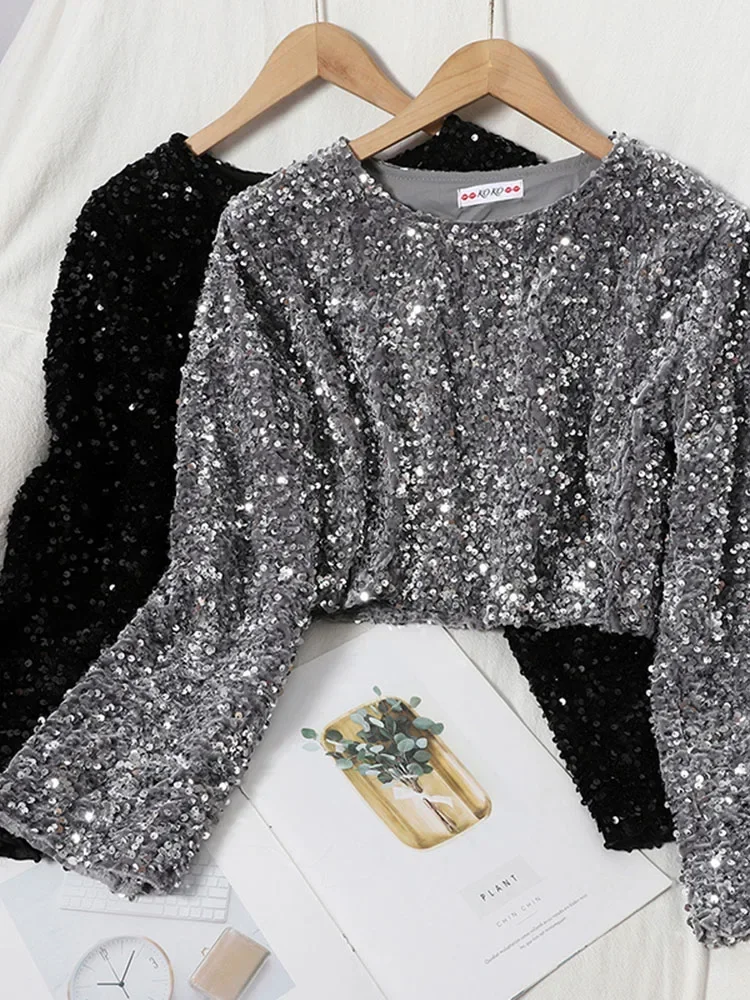 Women Spriong Autumn T Shirts Sequins O-Neck Long-sleeved Tee Temperament Young Lady Sweet Short Crop Top Female GX1165