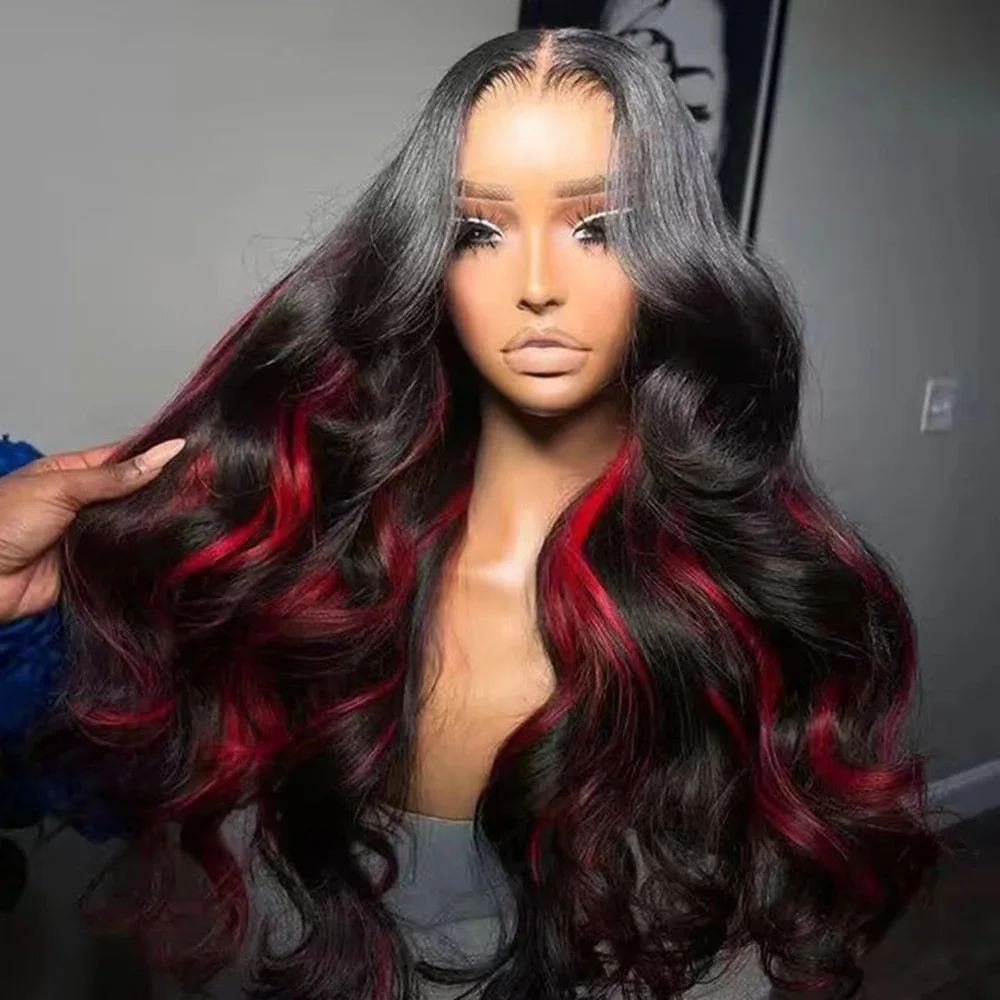 

Длинный волнистый синтетический парик с черными и красными прядями, имитирующий натуральные волосы, с кружевной передней частью, для женщин, модный, для макияжа