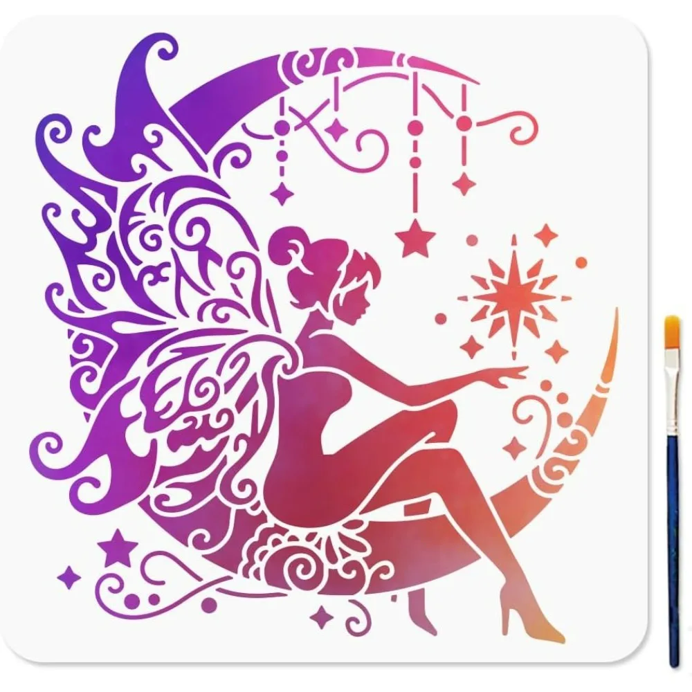 

Moon Fairy Stencil Mandala Moon Stencils with Paint Brush 11.8×11.8inch Fantasy Starry Night Reusable Drawing Template