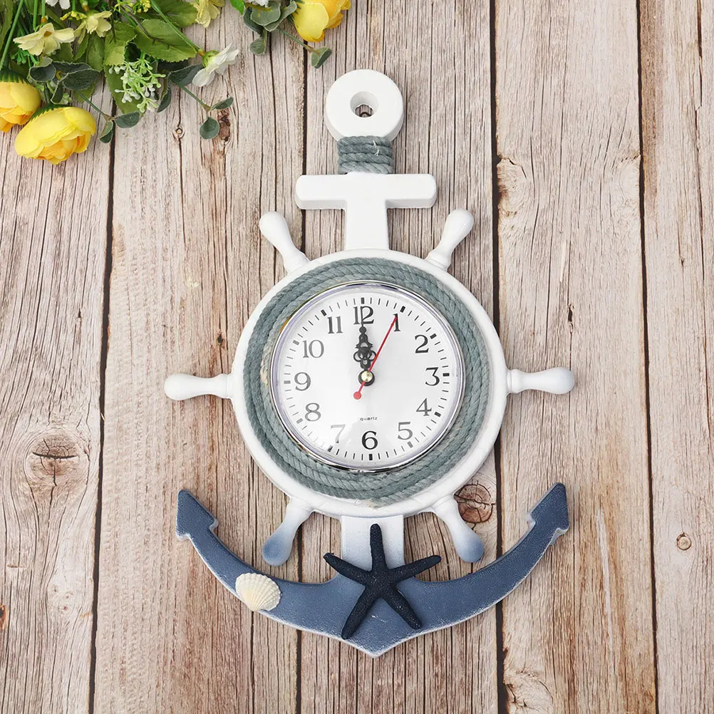 

2Pcs Mediterranean Style Anchor Wall Clock Wooden Hanging Clock No Ticking Mute Wall Decor for Home Cafe Bar Bedroom