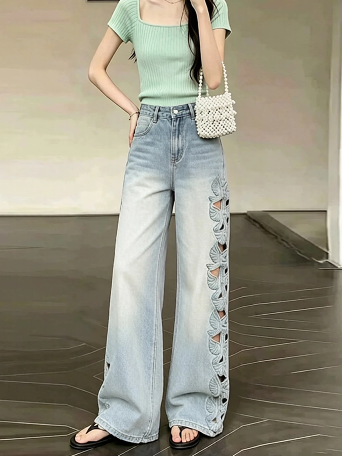 

Blue High Waist Heavy Embroidery Hollow out Wide Leg Jeans Women Summer Thin Loose Drapey Straight Long Pants Casual Style