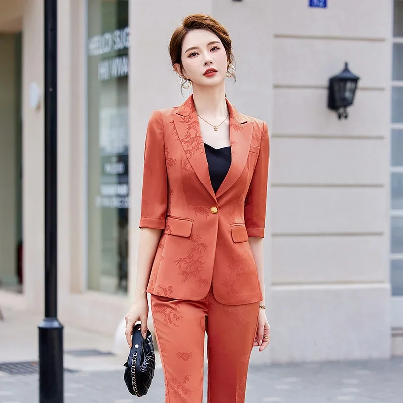 Pop Two-piece Sets Of Pants And Blazer For Women Printed Suit For Female Elegant Clothing With Acetate Yellow Khaki Spring Summe