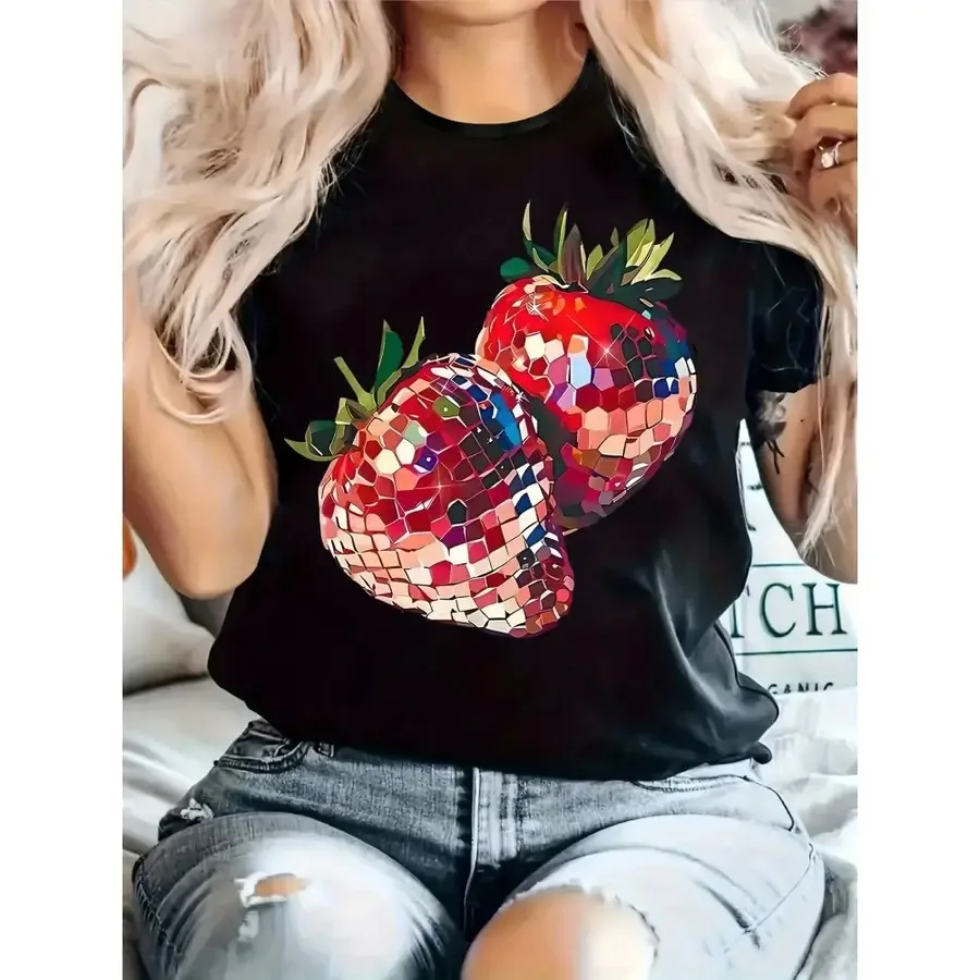 

Wo Casual T-Shirt With Vibrant Geometric Strawberry Print Soft Stretch Round Neck Short Sleeve Top Machine Washable Spring Summ