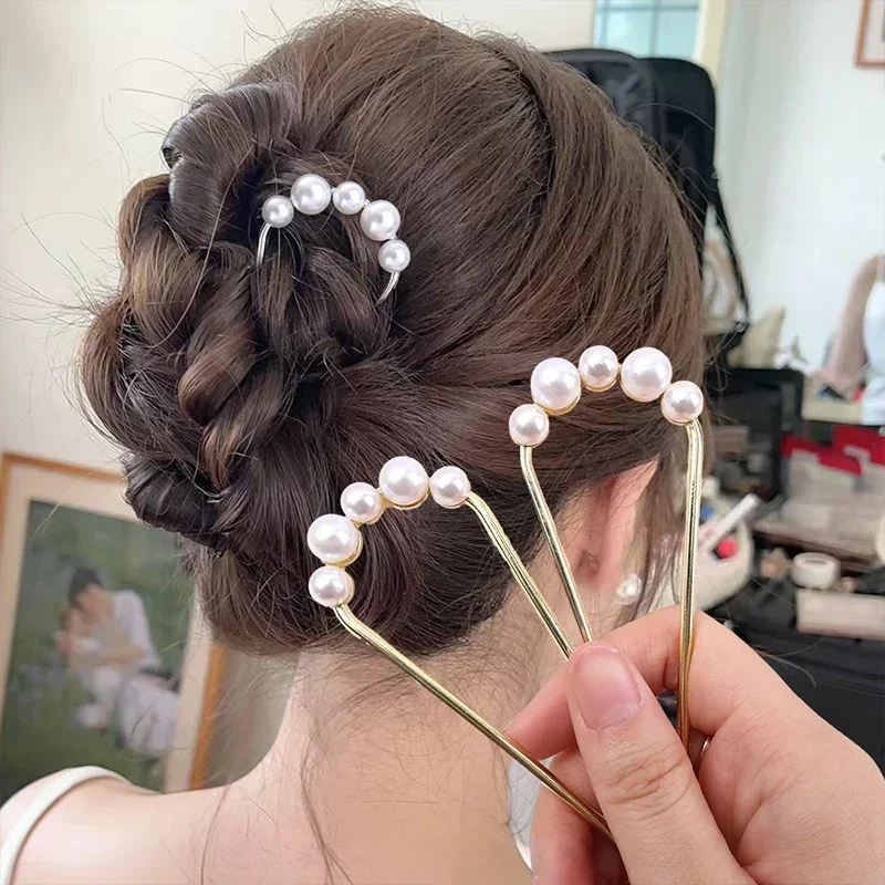 Korean U Shaped Pearl Hairpins Hair Clips for Women Elegant Style  Metal Forks Vintage Pearl Hairpins Hair Styling Tools Gifts