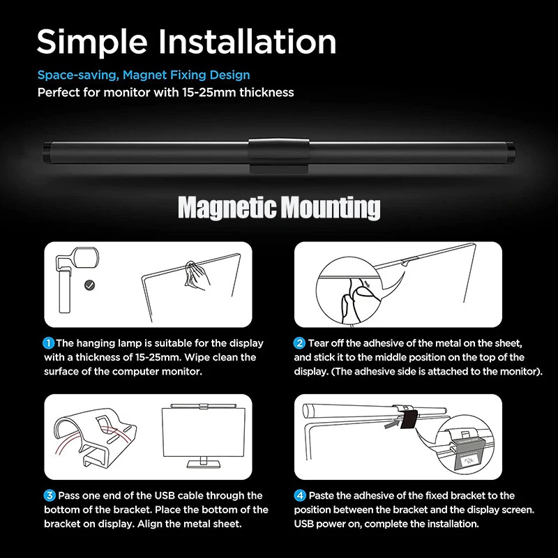 Eye-Care Computer Monitor Light 44cm Aluminum Knob Remote Table LED Task Lamp USB Magnetic Light No Glare Office Desk Lamp