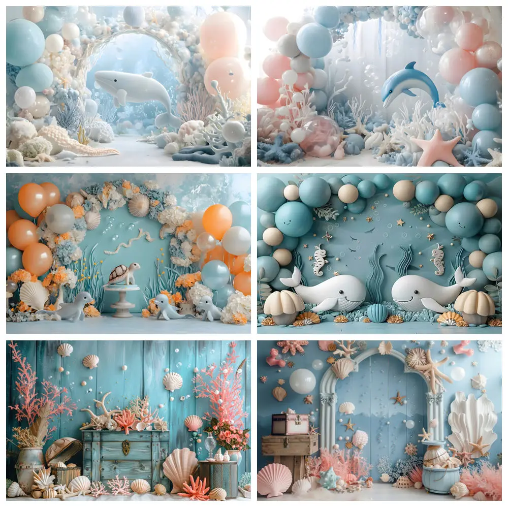 Blue Underwater World Theme Backdrop For Photography Ocean Dolphin Arch Balloon Kids Portrait Background Decor Photo Studio Prop