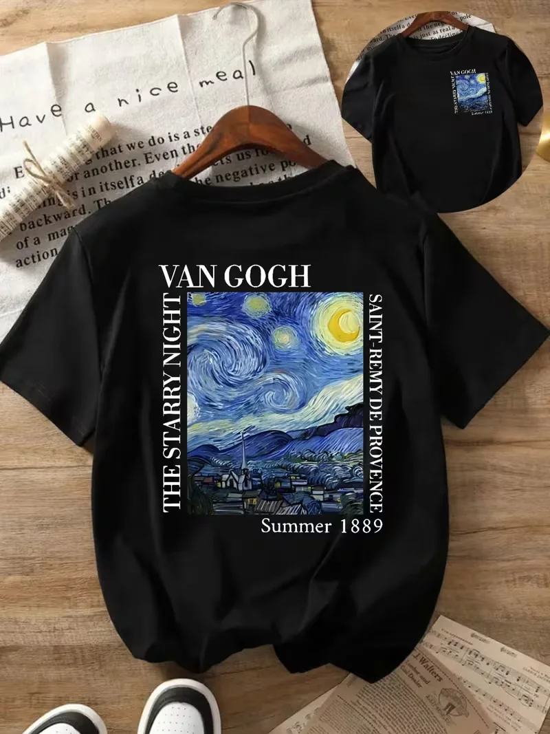 تي شيرت Van Gogh Starry Night Art Print للسيدات - تي شيرت برسومات مستوحاة من 1899، بلوزة كاجوال بأكمام قصيرة قابلة للتنفس للارتداء اليومي #2