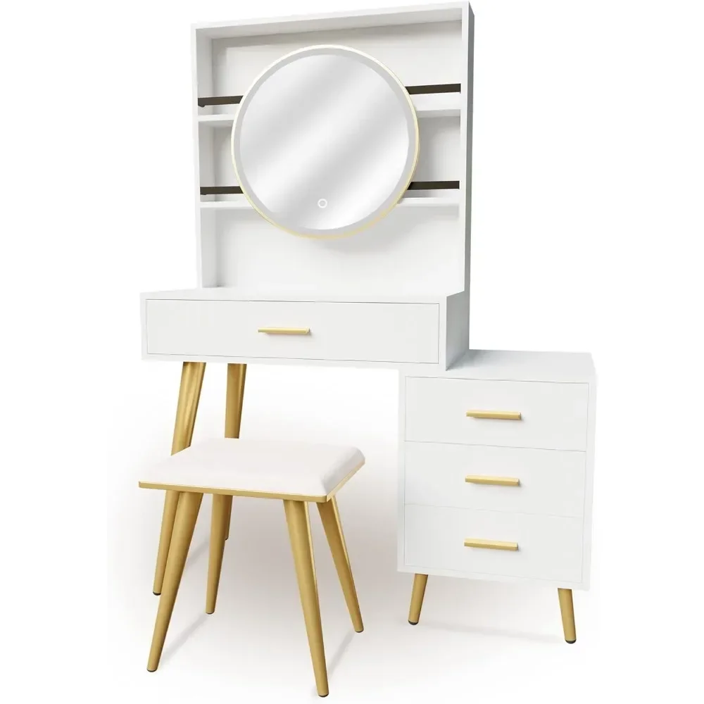 Makeup Vanity With 4 Drawers Round Mirror White Freight Free 3 Lighting Modes Brightness Adjustable Cushioned Stool Dresser Home