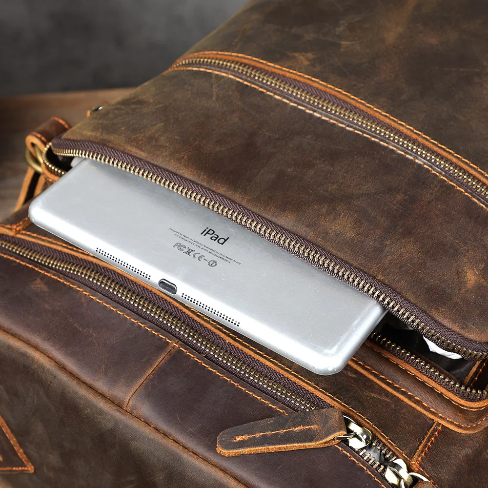 Vintage Echtleder-Rucksack, Laptop-Tasche, Crazy-Horse-Leder-Schultasche, Outdoor-Reise-Weekender-Umhängetasche – Detail 13