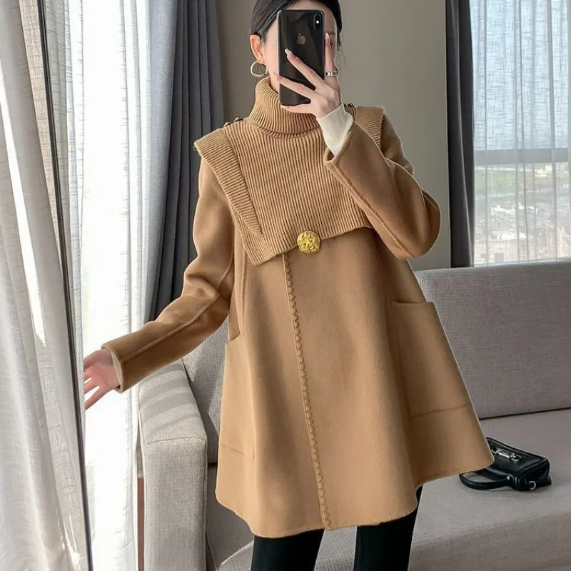 

Woolen Cape Coat Women High-End 2024 New Hepburn Style Double-Sided Wool Overcoat Female Korean Style Mid-Length Baggy Outwear