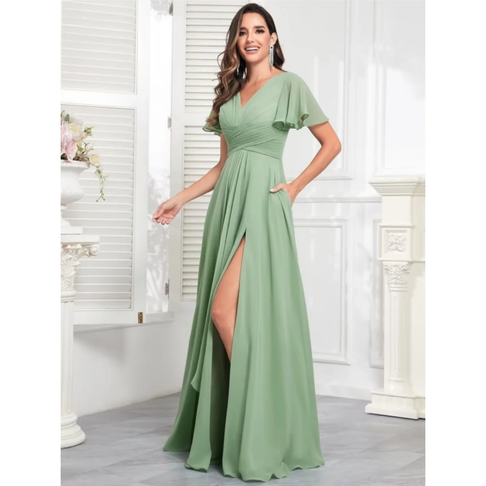 فساتين طويلة من الشيفون لوصيفة العروس للنساء ، رقبة على شكل حرف V ، أكمام أنيقة مكشكشة ، فتحة جانبية ، فستان سهرة للأمهات