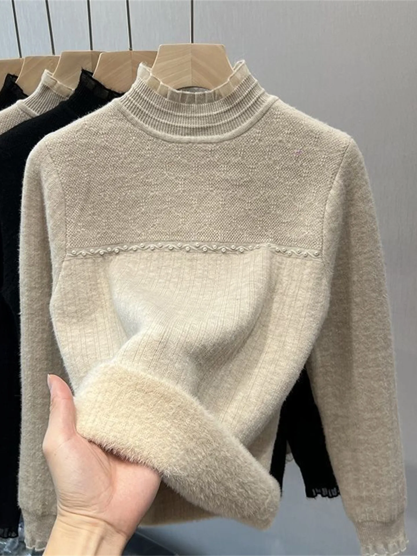 

Женский трикотаж с высоким воротником Thiened Fce на подкладке, зимняя модная кружевная внутренняя одежда, длинный све, прямой крой