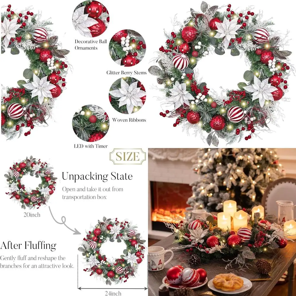 

Large Pre-Lit Christmas Wreath with Red and White Balls for Front Door - Outdoor Holiday Decor