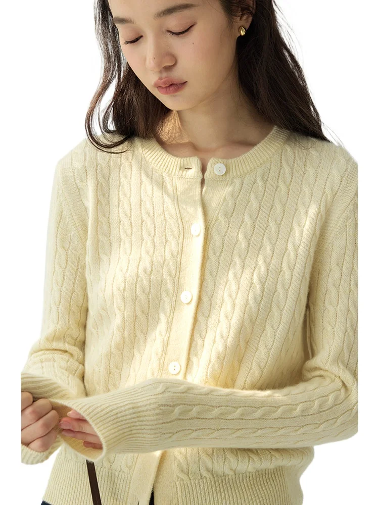 Consinee A gauge 100% cashmere 7-pin double thread crew neck cardigan retro twist twisted wool knitted sweater jacket women