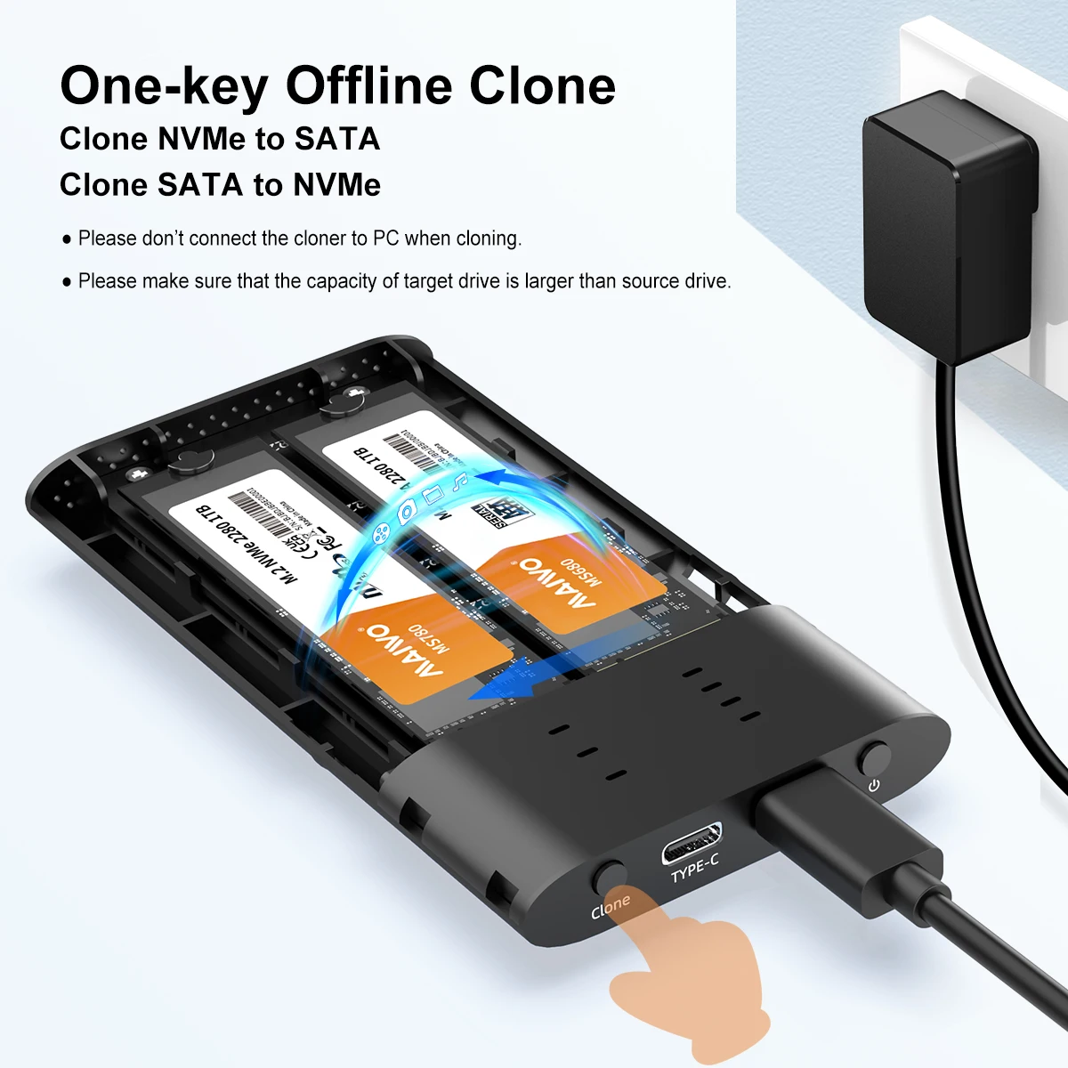 MAIWO ออฟไลน์ Clone Dual Bay 10Gbps M.2 SATA NVMe SSD Enclosure AHCI โปรโตคอล USB3.1 Tybe-C Gen2 SSD กรณี M2 ฮาร์ดไดรฟ์กล่อง