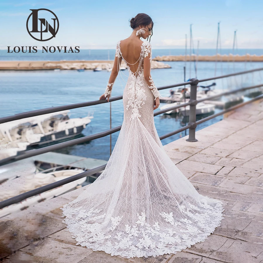 Louis novias sexy sereia vestido de casamento sem costas botão manga longa miçangas apliques querida vestidos de noiva novia