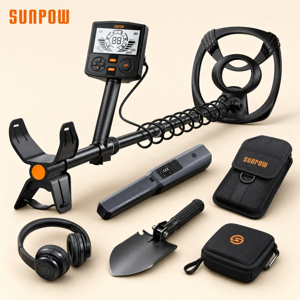 SUNPOW Professional Underground Metal Detector Kit with Pinpointer, 10"(25cm) IP68 Waterproof Coil High Precision, 5 Modes Dual Backlit LCD, CE Certified for Gold Treasure Hunting