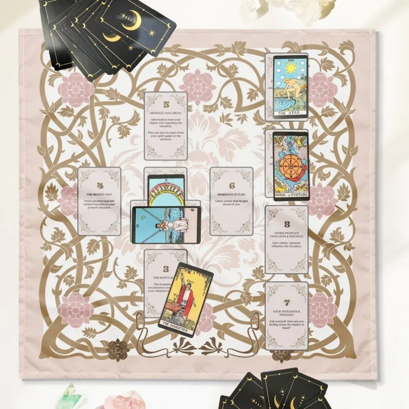 VIKAMA Pink Gold Floral Tarot Altar Cloth With 10 Spread Layout For Beginners Witchcraft Divination Tablecloth Ritual Decor