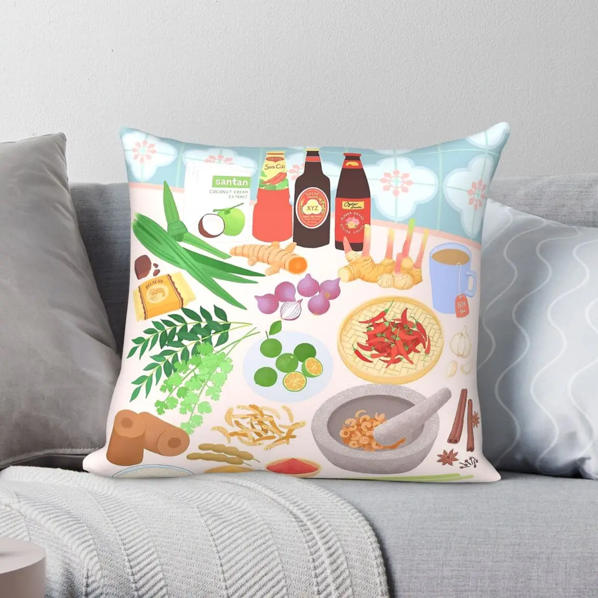 Malaysian Ingredients Square Pillowcase Polyester Linen Velvet Creative Zip Decorative Pillow Case Sofa Cushion Cover